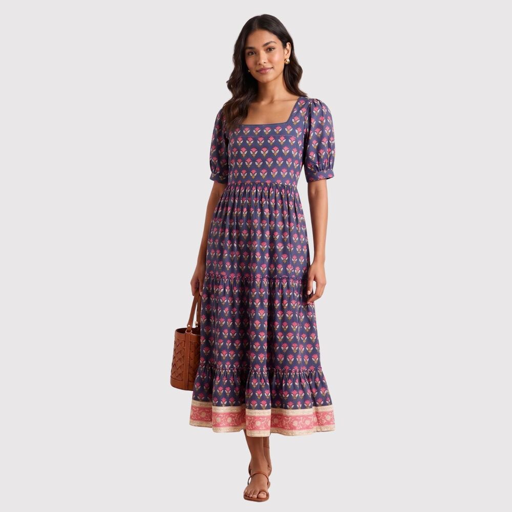 SZ Blockprints Midi Dress Purple Floral Square Neck Puff Sleeve Waist Tie XS